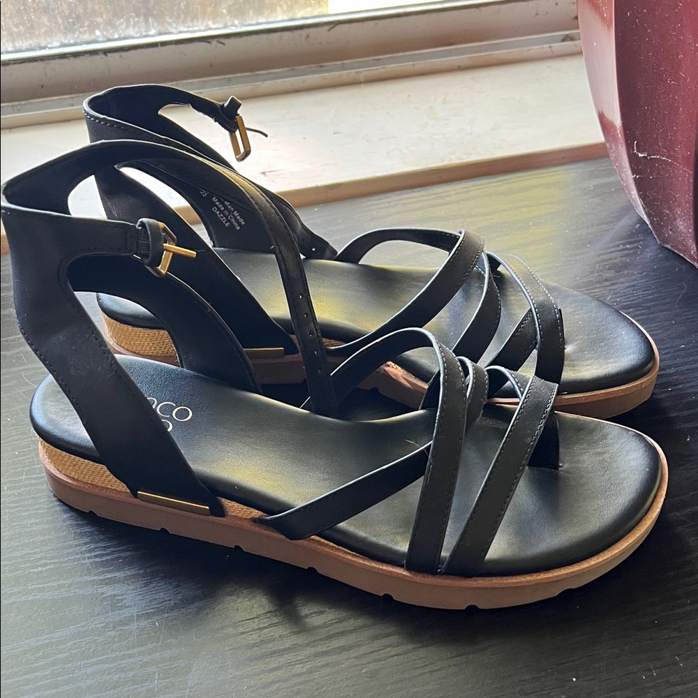Franco Sarto Black and Tan Strappy Sandals